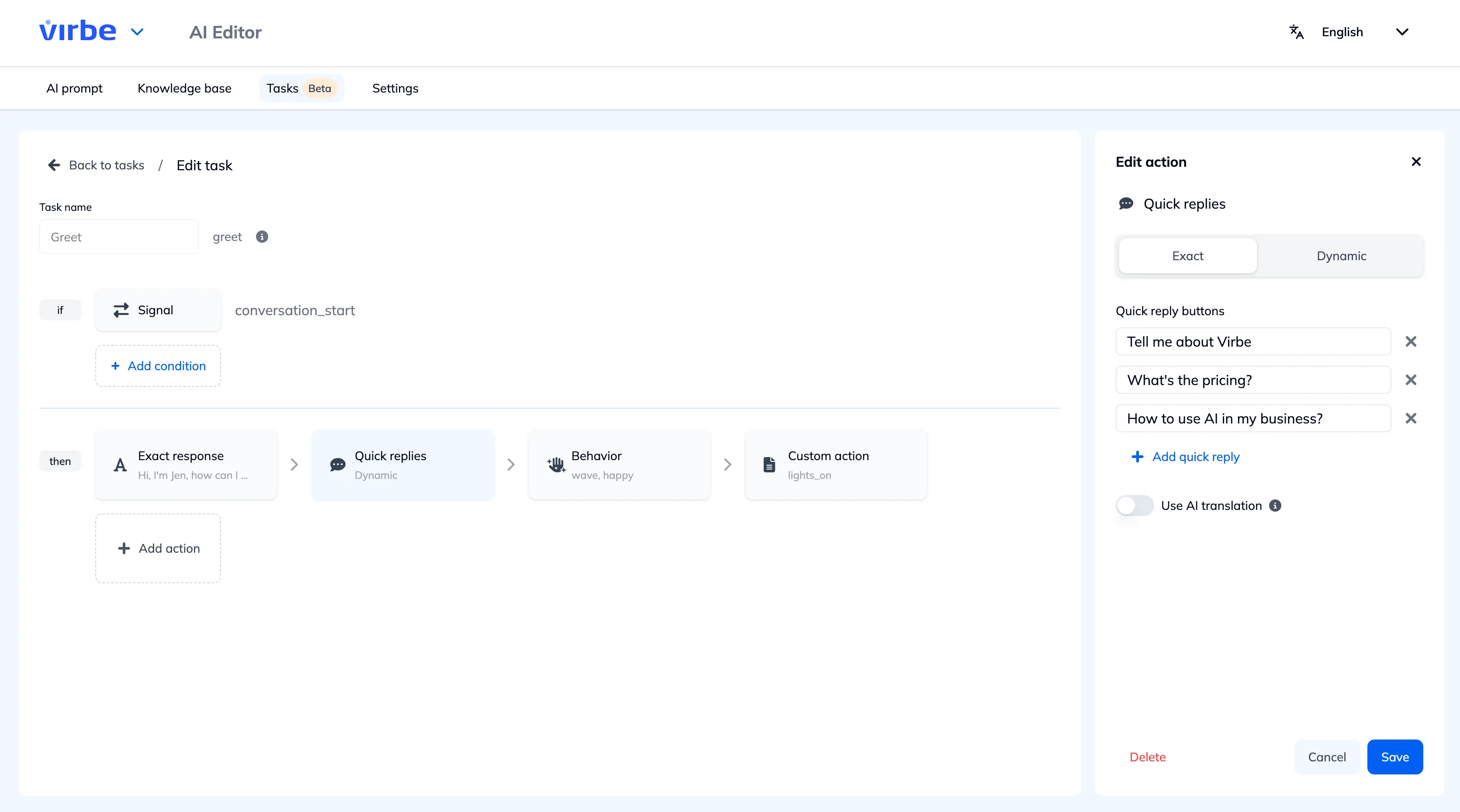 Add action – Exact quick replies