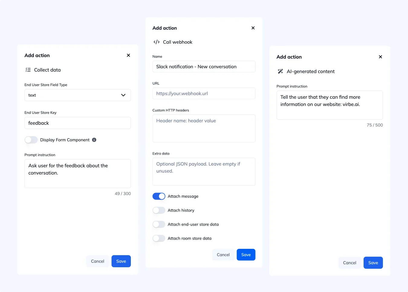 Task actions: Collect data, Call webhook and AI-generated content